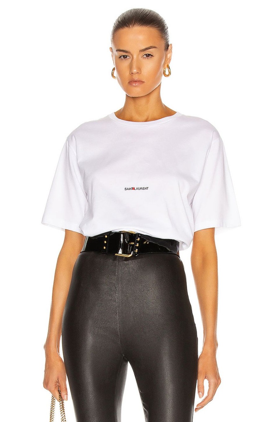 Women Saint Laurent Tops | Small Logo Tee White