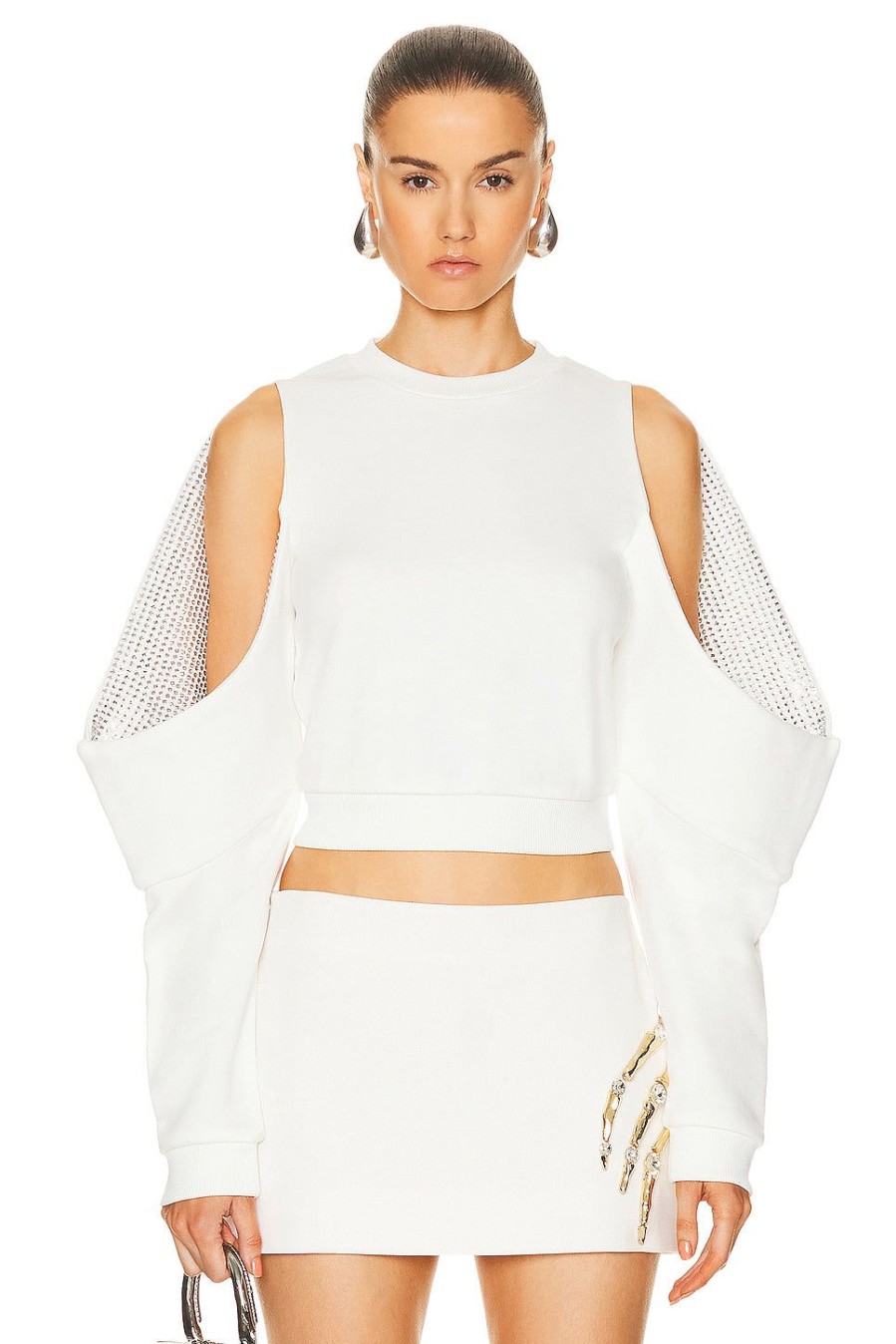 Women AREA Sweaters & Knits | Crystal Embellished Cold Shoulder Sweatshirt Off White