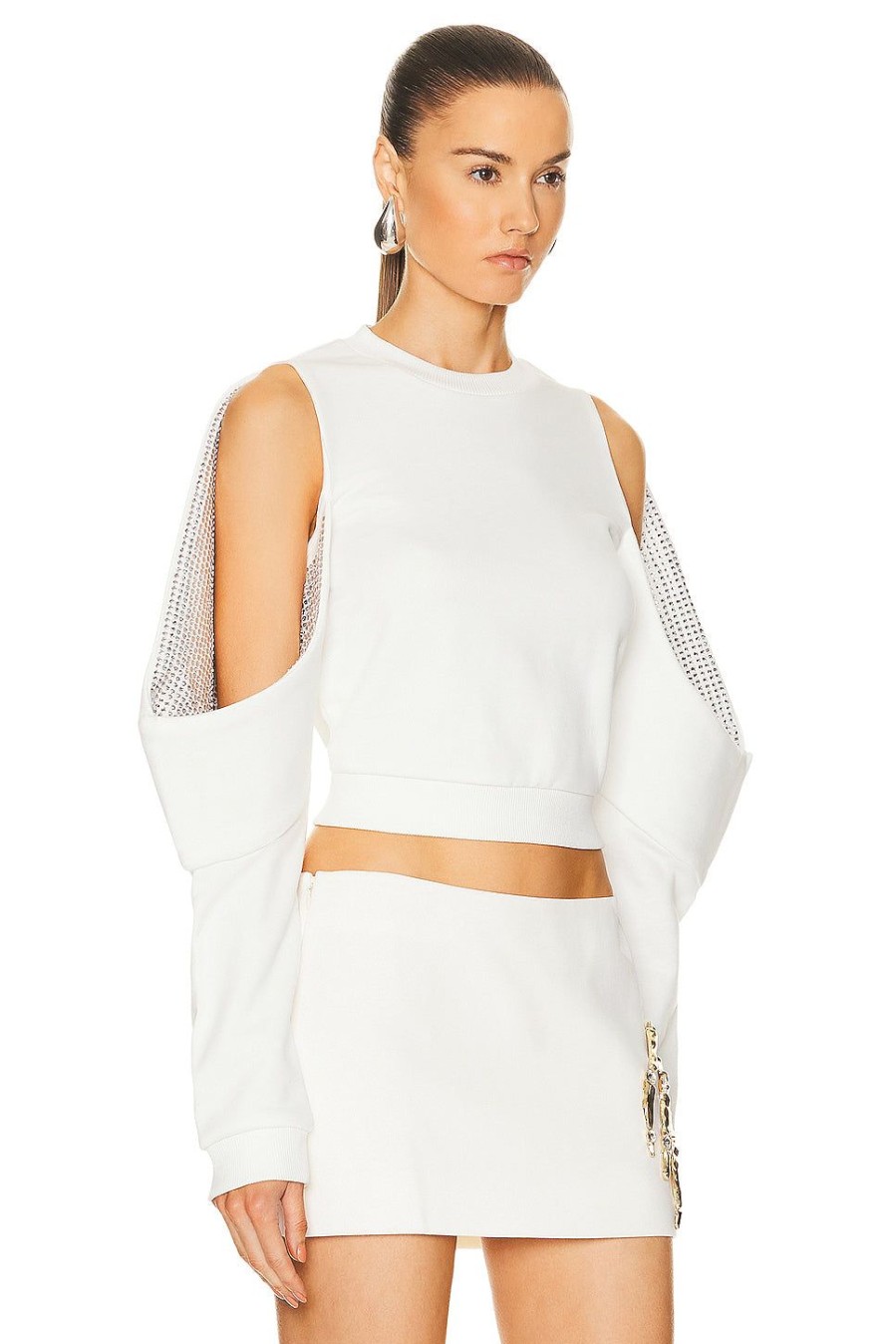 Women AREA Sweaters & Knits | Crystal Embellished Cold Shoulder Sweatshirt Off White