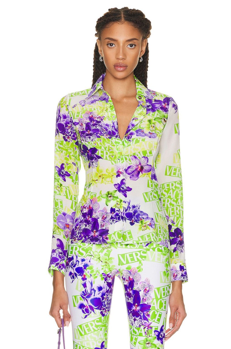 Women VERSACE Tops | Orchid Long Sleeve Top Bianco & Verde