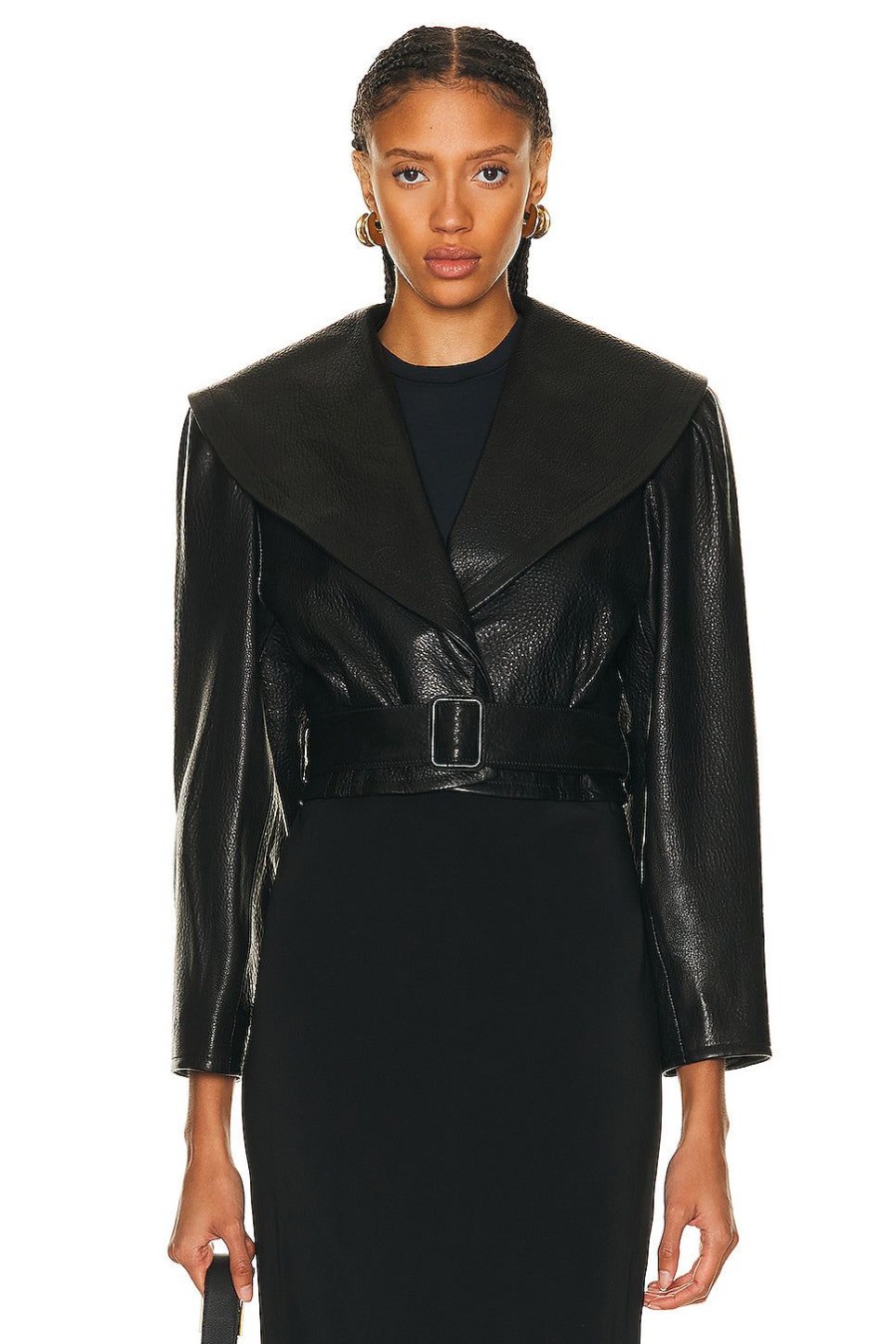 Women FRAME Jackets & Coats | Cropped Belted Leather Jacket Black