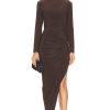 Women Norma Kamali Dresses | Long Sleeve Turtleneck Side Drape Gown Chocolate