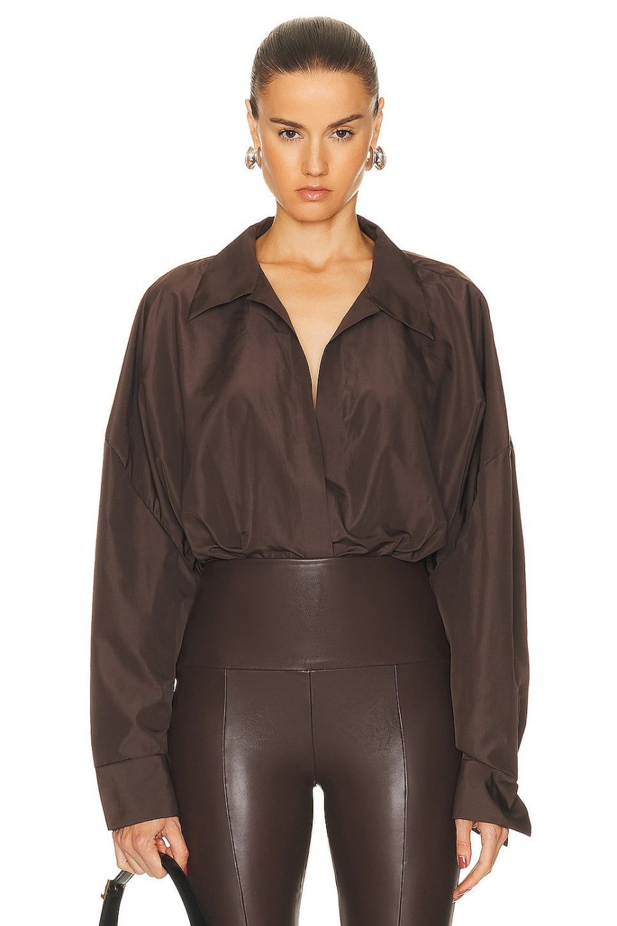 Women Norma Kamali Tops | Super Oversized Boyfriend Shirt Bodysuit Chocolate