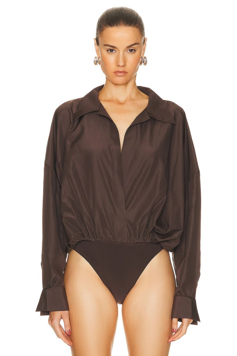 Women Norma Kamali Tops | Super Oversized Boyfriend Shirt Bodysuit Chocolate