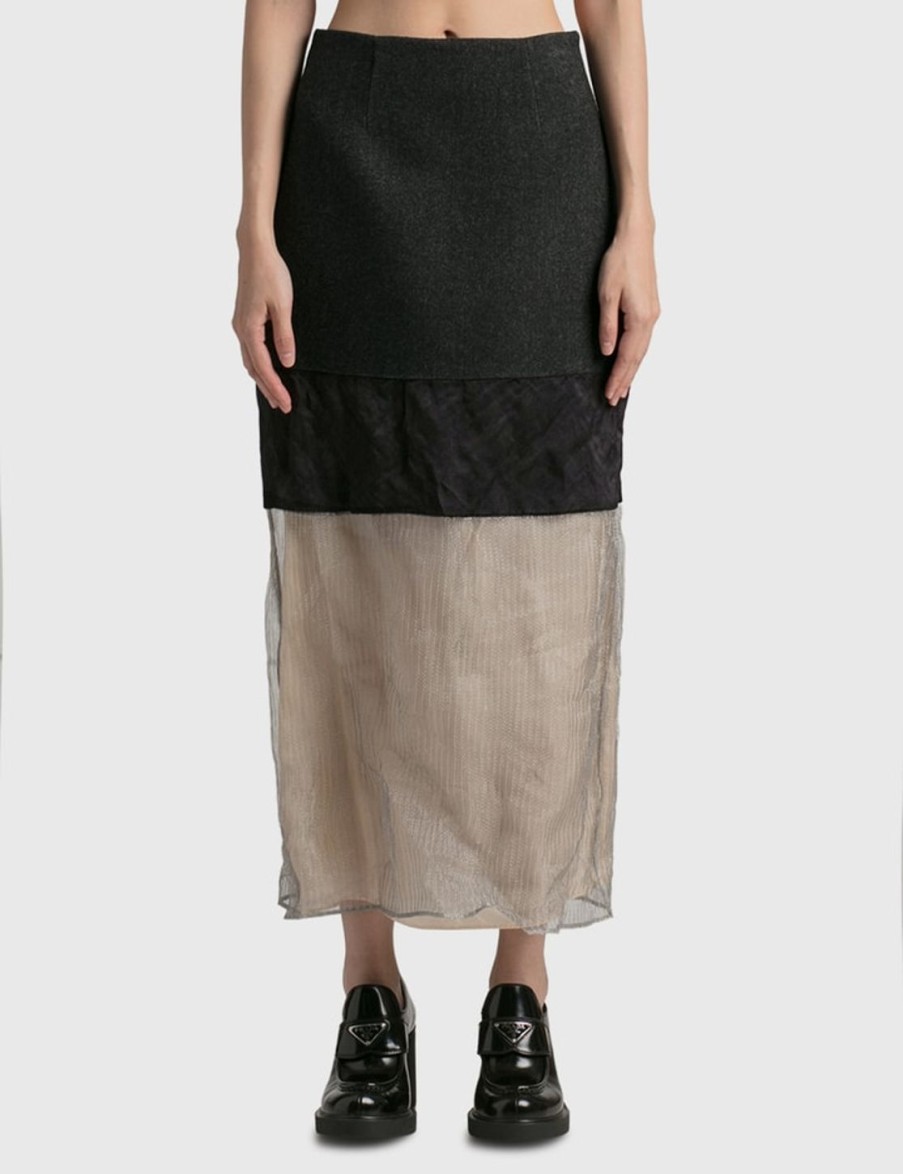 Women Prada Skirts | Cloth And Mesh Midi-Skirt Black