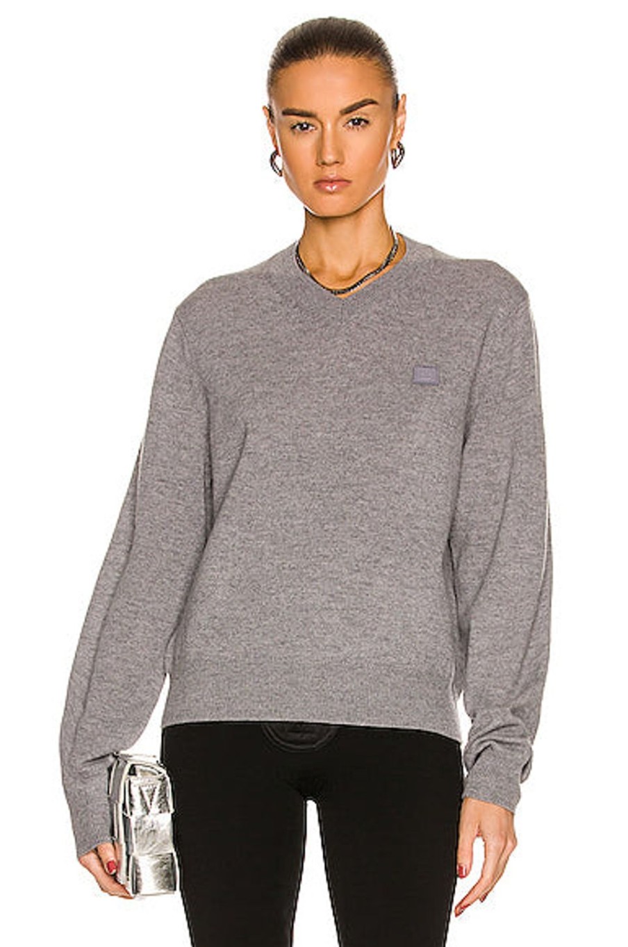 Women Acne Studios Sweaters & Knits | Kunro Face V Neck Sweater Grey Melange