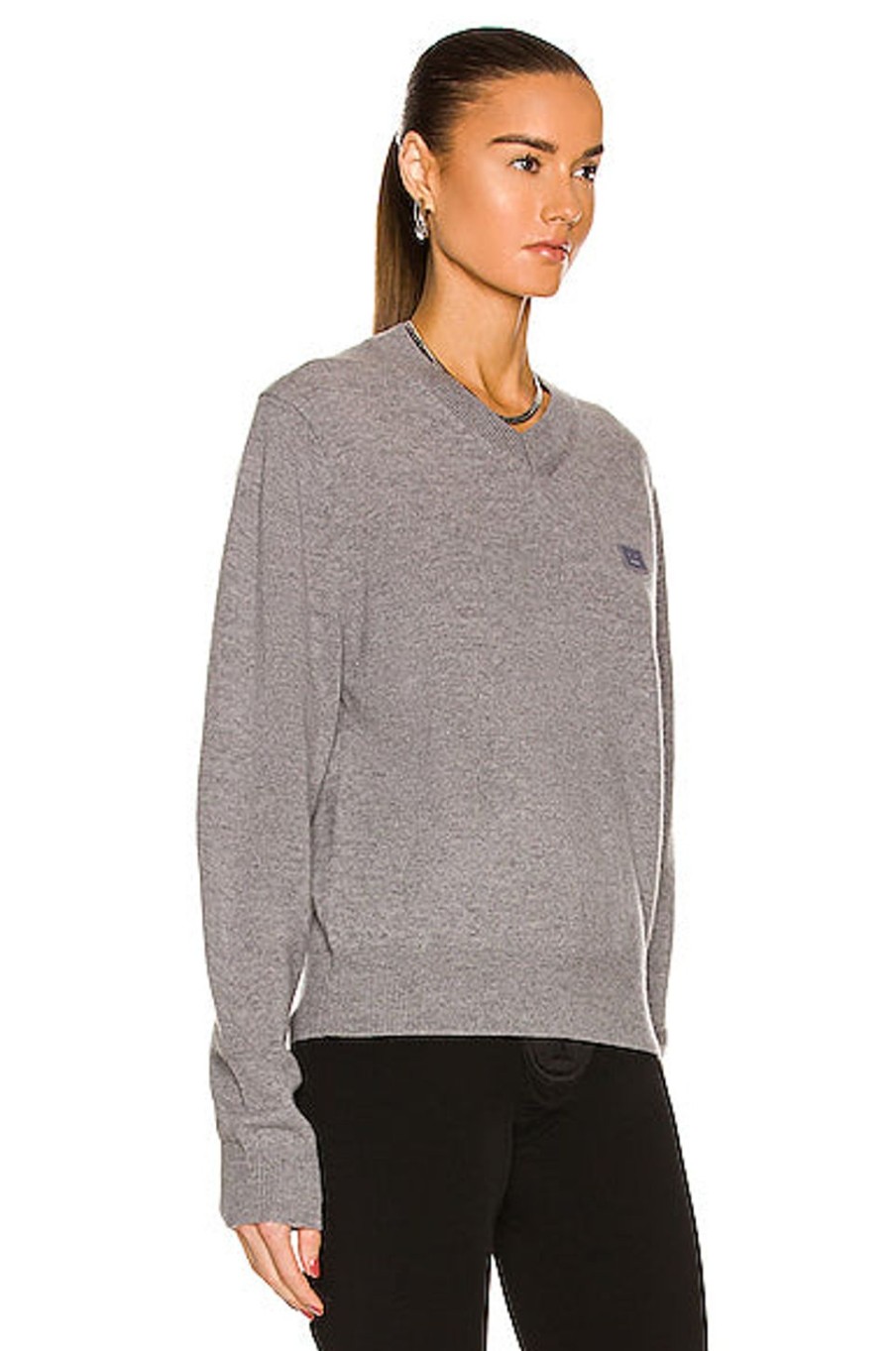 Women Acne Studios Sweaters & Knits | Kunro Face V Neck Sweater Grey Melange