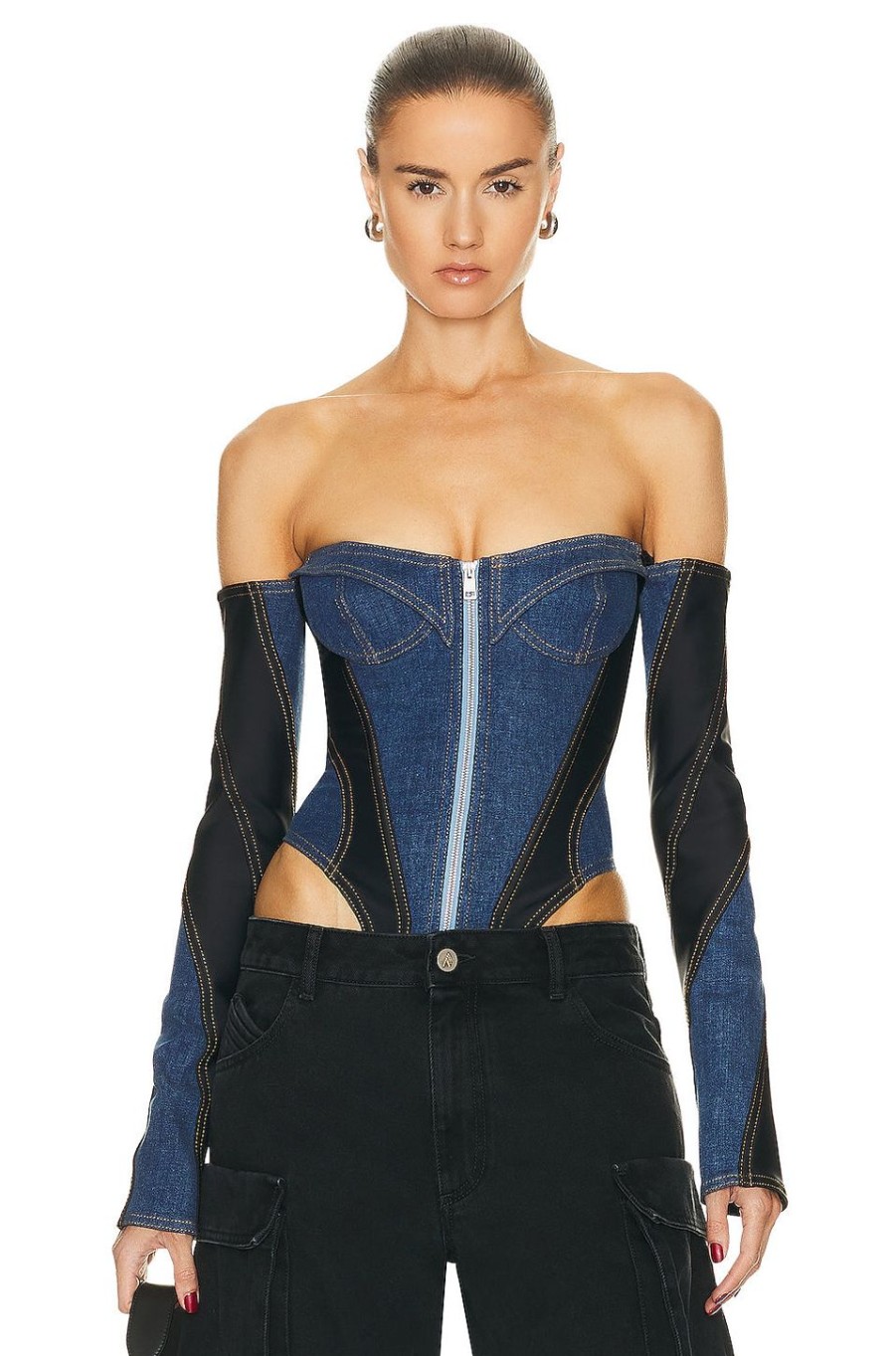 Women Mugler Tops | Corset Bodysuit Medium Blue & Black