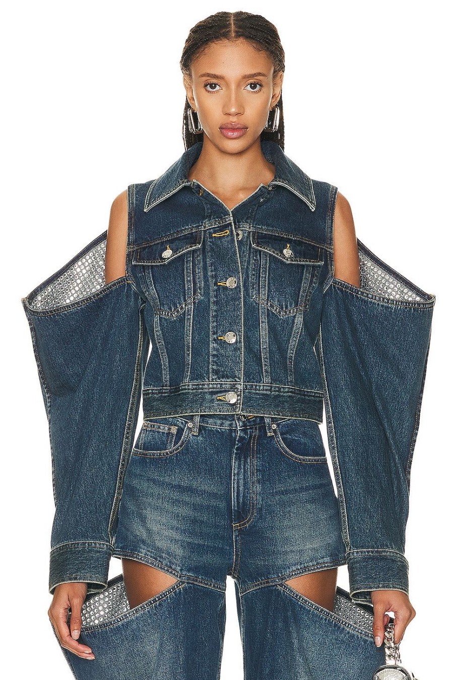 Women AREA Jackets & Coats | Crystal Embellished Cutout Denim Jacket Vintage Indigo