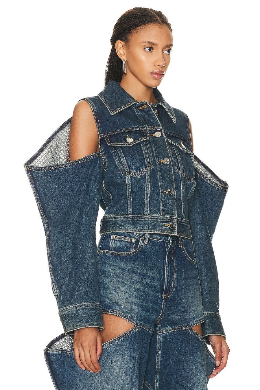 Women AREA Jackets & Coats | Crystal Embellished Cutout Denim Jacket Vintage Indigo