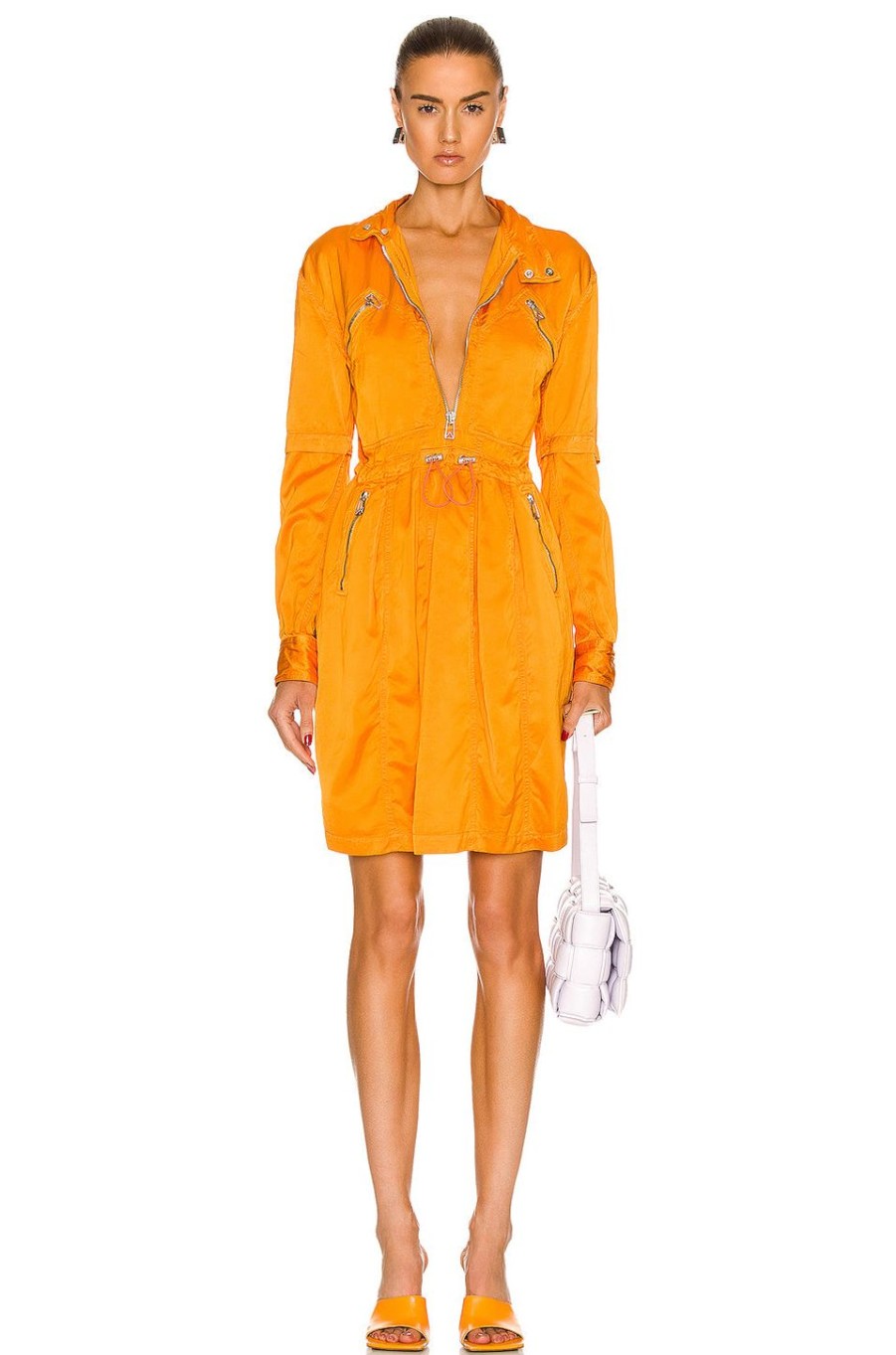 Women Bottega Veneta Dresses | Fluid Satin Long Sleeve Dress Tangerine