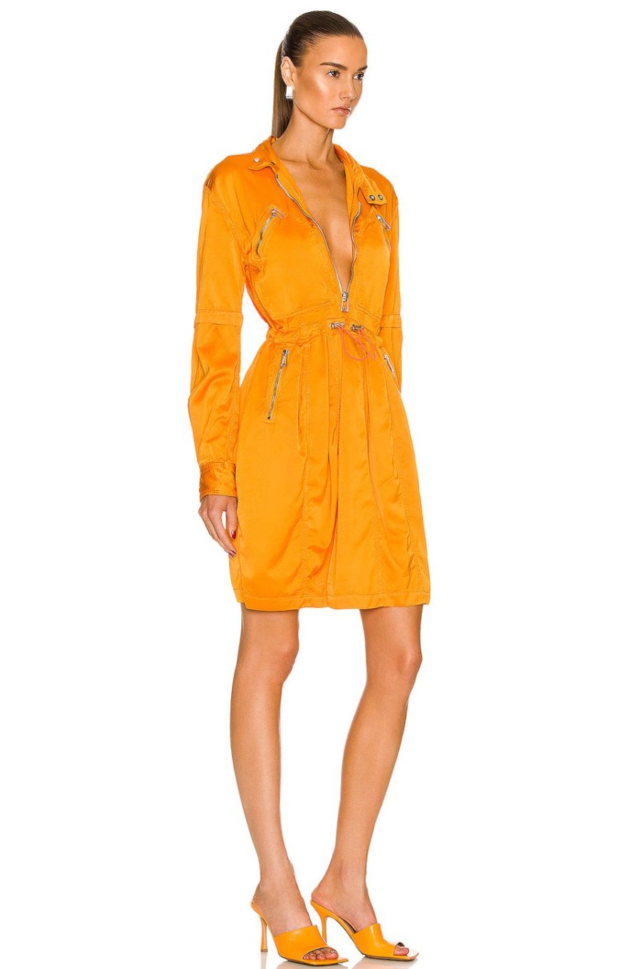 Women Bottega Veneta Dresses | Fluid Satin Long Sleeve Dress Tangerine