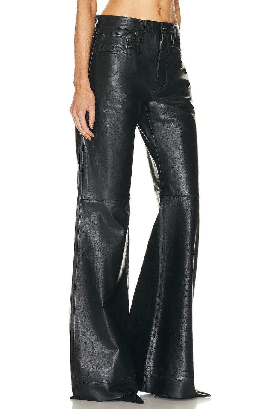 Women R13 Pants | Janet Relaxed Flair Leather Pant Shiny Black