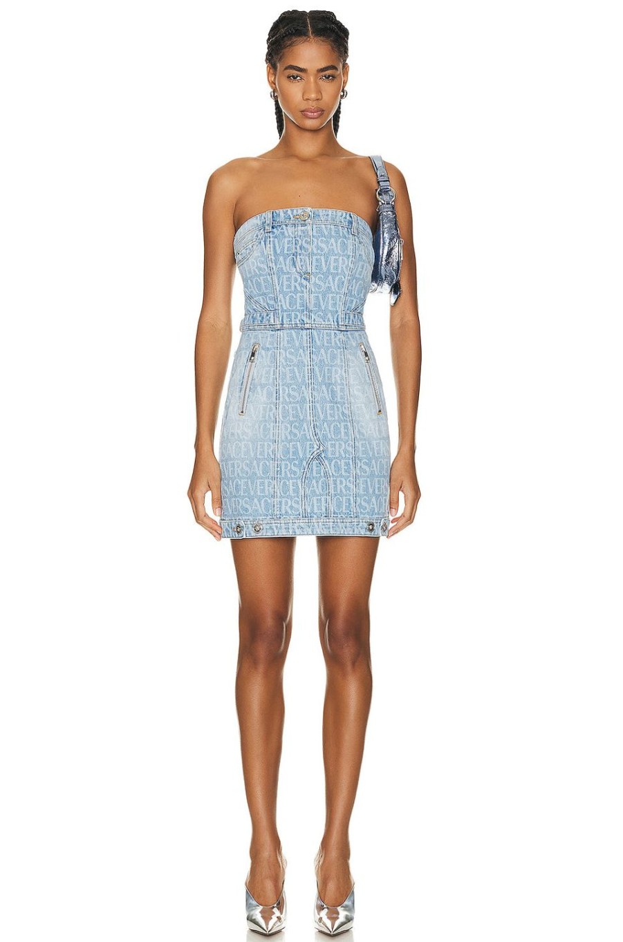 Women VERSACE Dresses | All Over Logo Mini Dress Light Blue