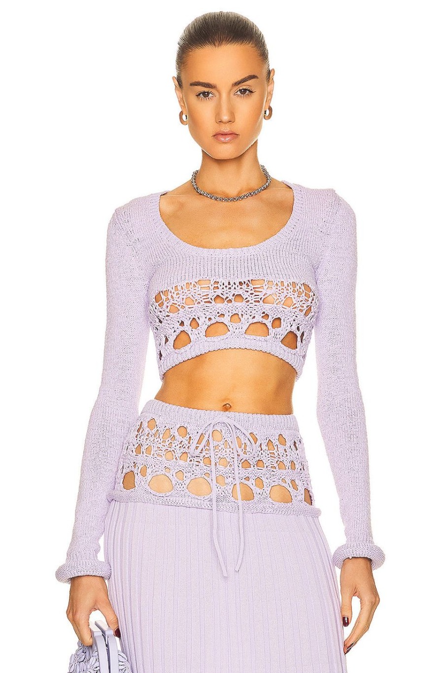 Women Christopher Esber Sweaters & Knits | Crochet Long Sleeve Crop Top Lilac