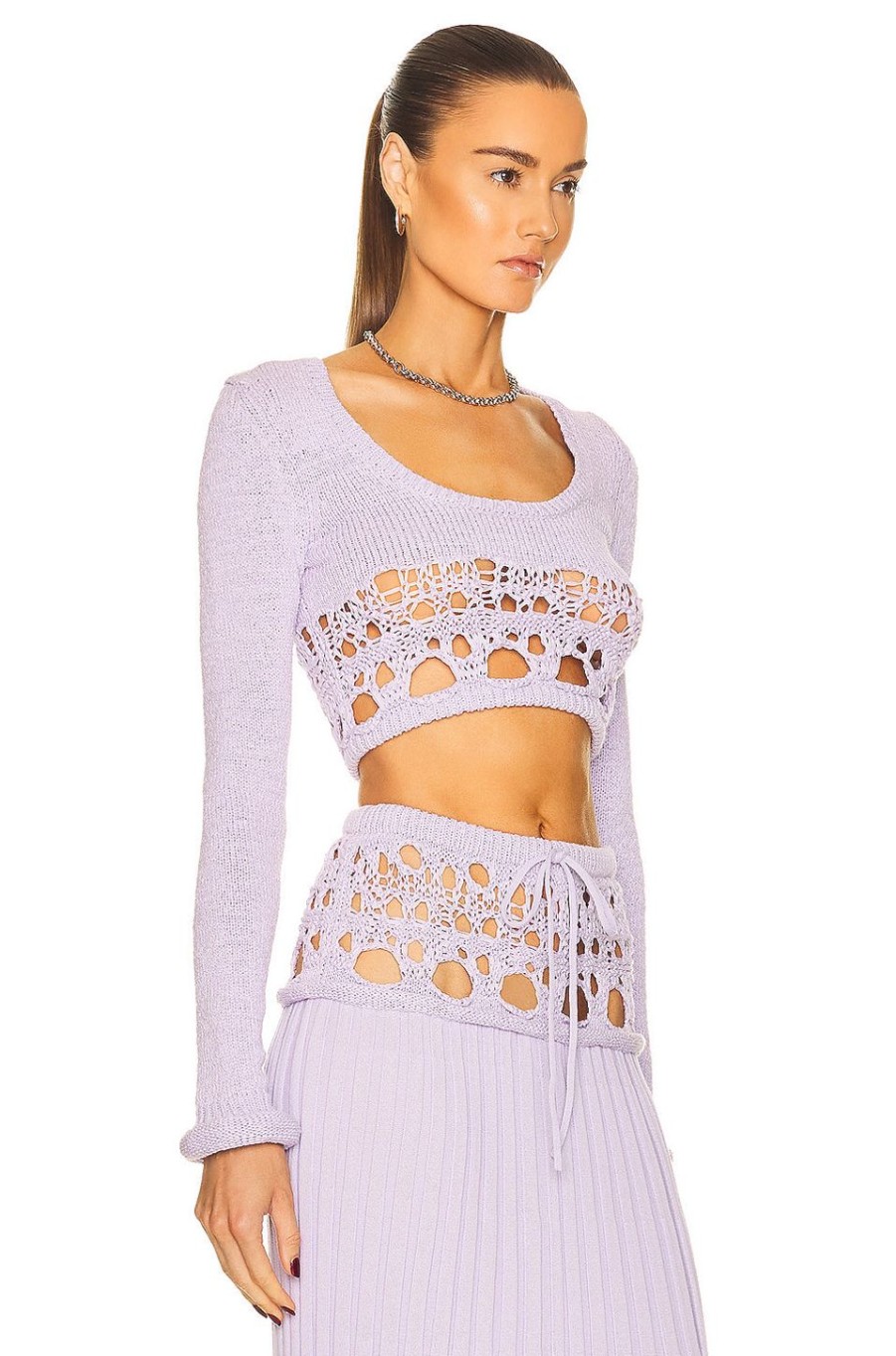 Women Christopher Esber Sweaters & Knits | Crochet Long Sleeve Crop Top Lilac