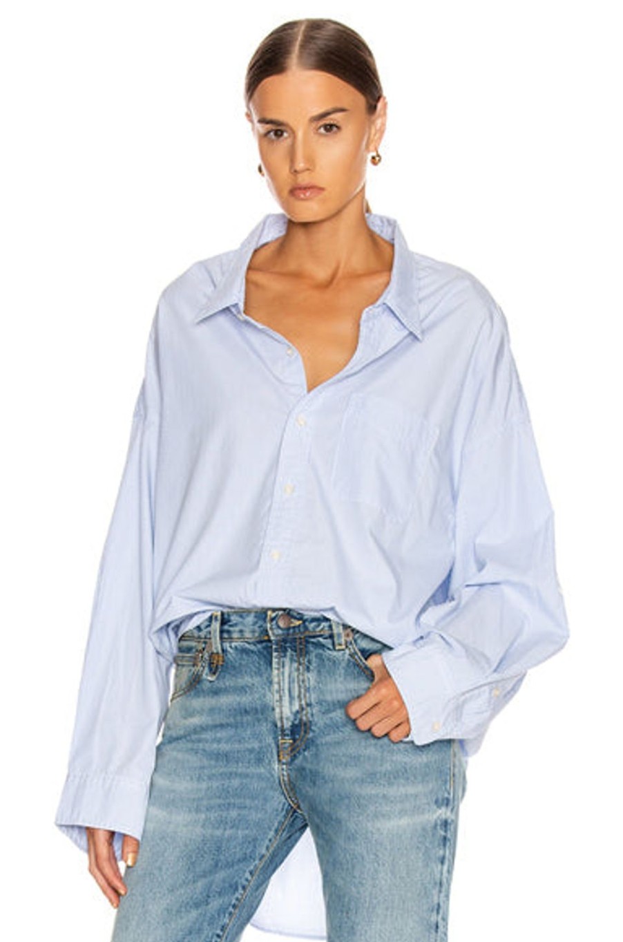 Women R13 Tops | Drop Neck Oxford Shirt Blue & White Pinstripe