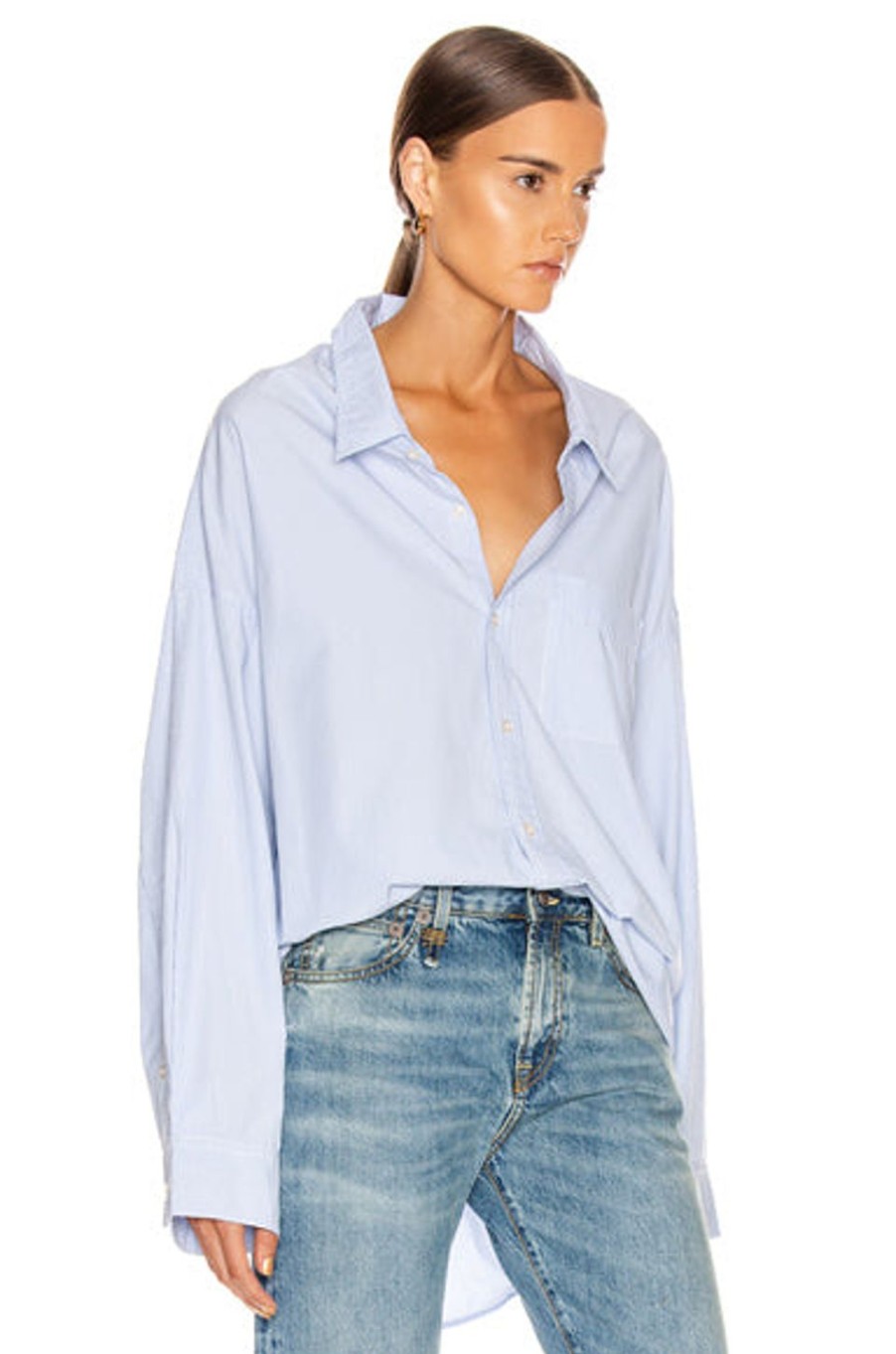 Women R13 Tops | Drop Neck Oxford Shirt Blue & White Pinstripe