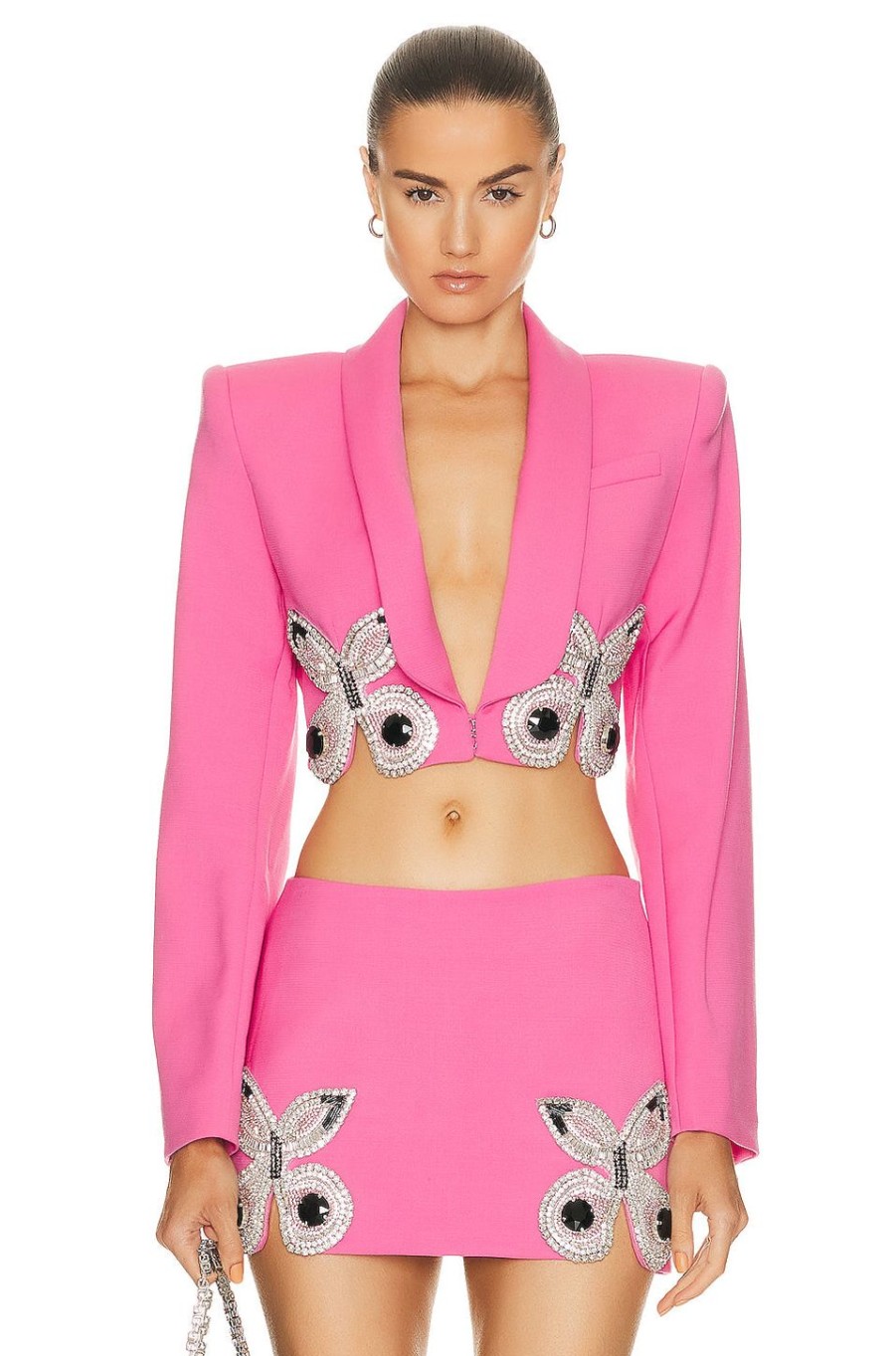 Women AREA Jackets & Coats | Embroidered Butterfly Cropped Blazer In Carmine Pink Carmine Rose