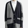 Women Thom Browne Sweaters & Knits | Fun-Mix Cotton 4-Bar Exaggerated V-Neck Cardigan Grey