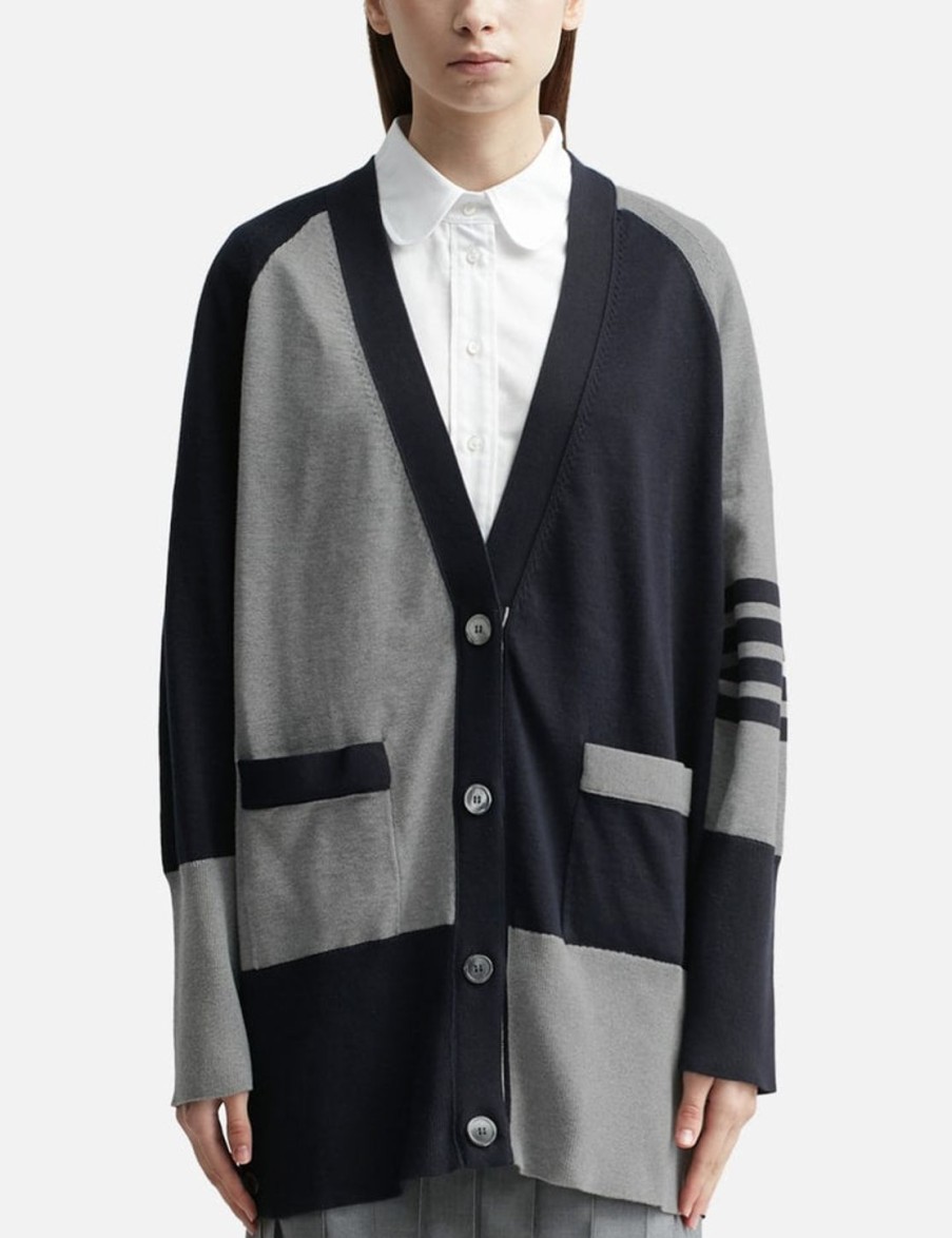 Women Thom Browne Sweaters & Knits | Fun-Mix Cotton 4-Bar Exaggerated V-Neck Cardigan Grey