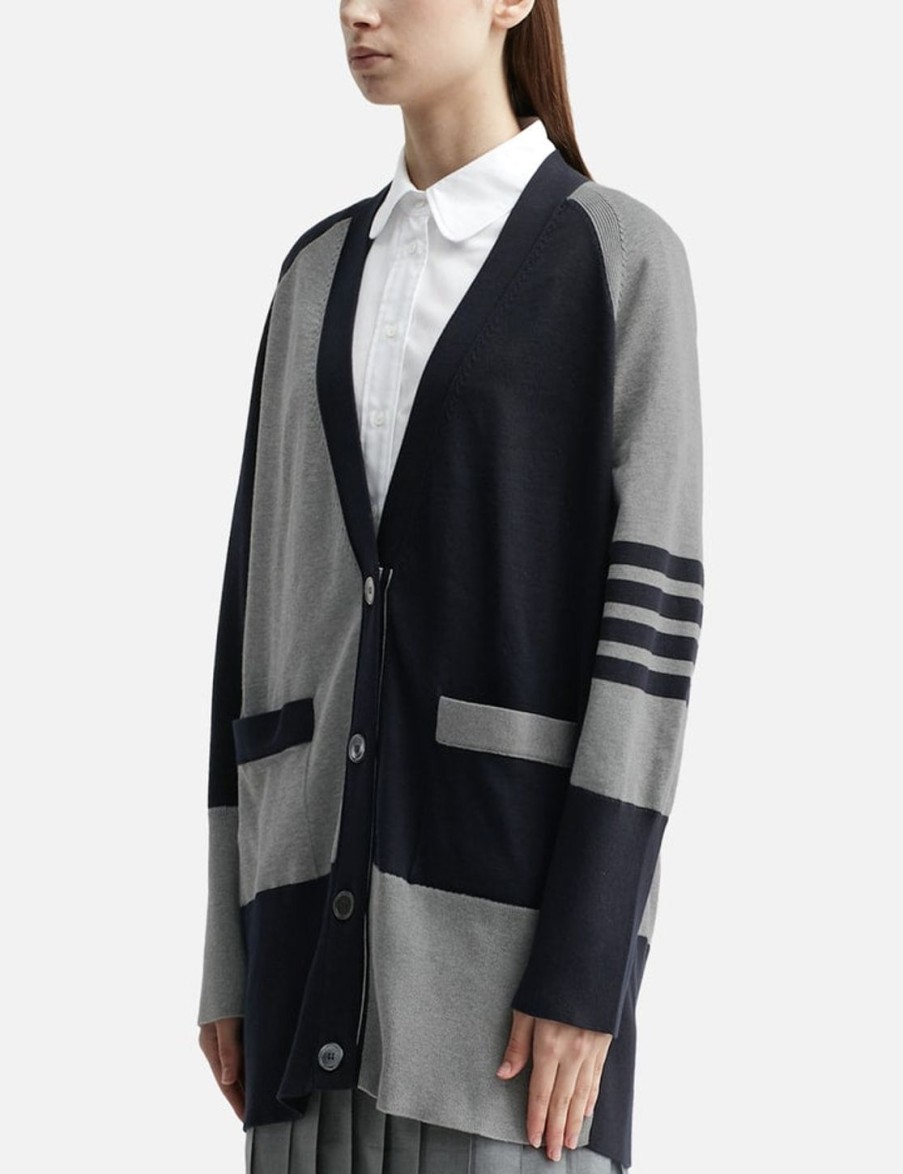 Women Thom Browne Sweaters & Knits | Fun-Mix Cotton 4-Bar Exaggerated V-Neck Cardigan Grey