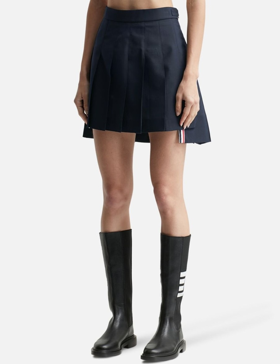 Women Thom Browne Skirts | School Uniform Plain Weave Thigh Length Dropped Back Pleated Skirt Navy