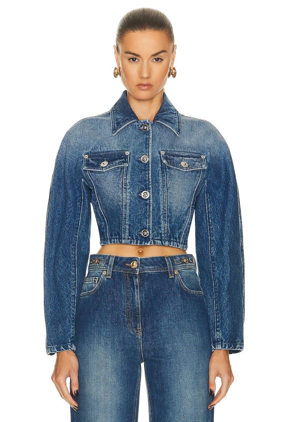 Women VERSACE Jackets & Coats | Cropped Denim Jacket Medium Blue