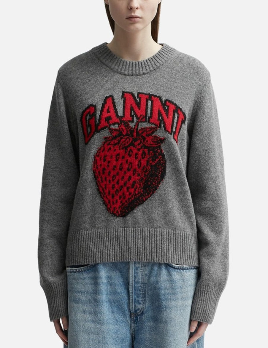 Women Ganni Sweaters & Knits | Graphic Strawberry O-Neck Pullover Grey