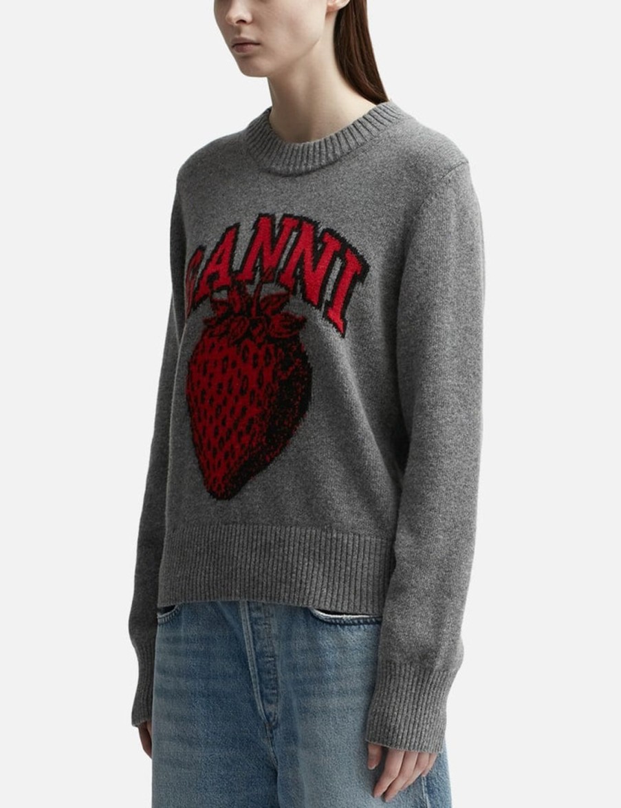 Women Ganni Sweaters & Knits | Graphic Strawberry O-Neck Pullover Grey