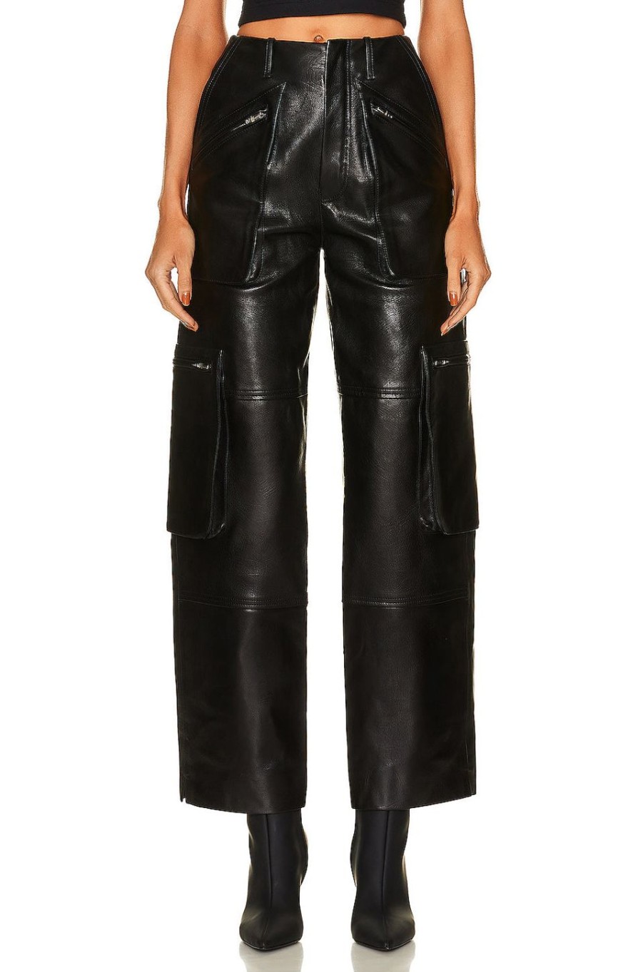 Women Amiri Pants | Leather Cargo Loose Straight Pant Black