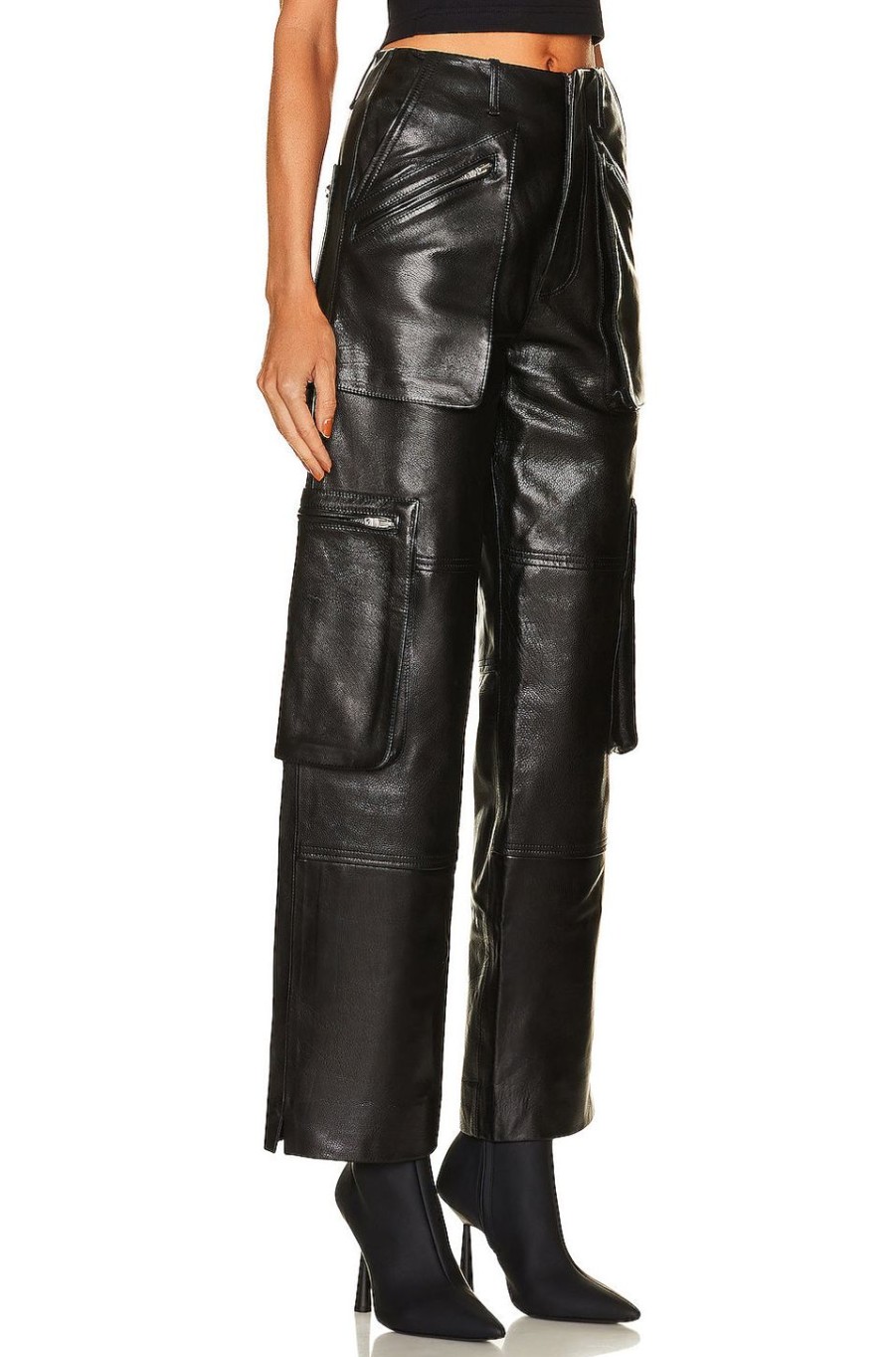 Women Amiri Pants | Leather Cargo Loose Straight Pant Black