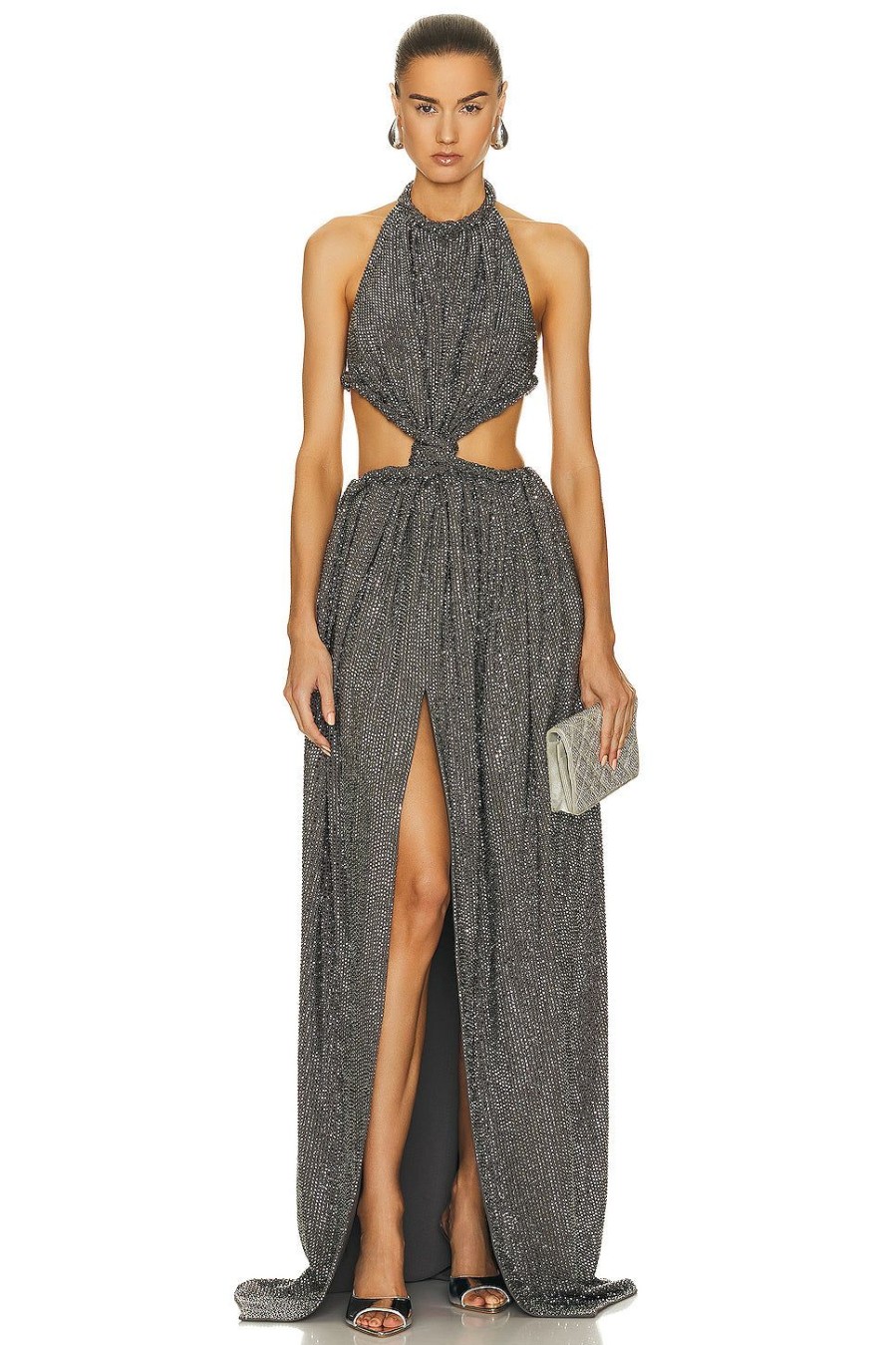 Women AREA Dresses | Crystal Embellished Cutout Halter Gown Charcoal