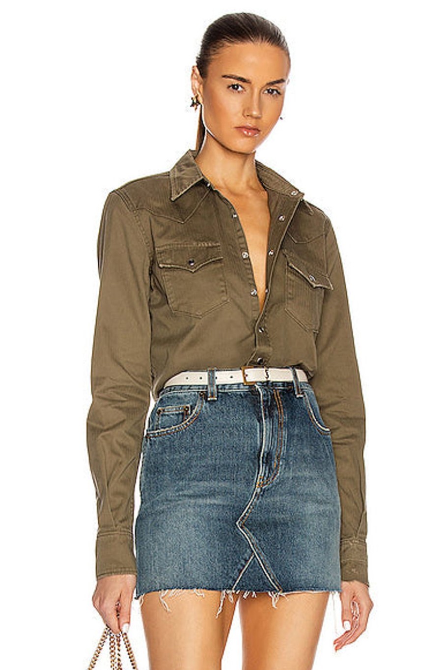 Women Saint Laurent Tops | Classic Western Shirt Khaki Stonewash