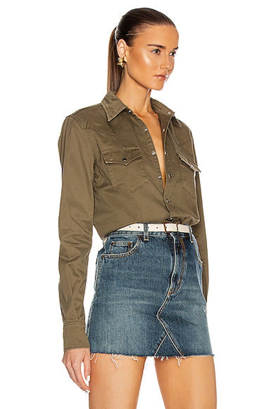 Women Saint Laurent Tops | Classic Western Shirt Khaki Stonewash