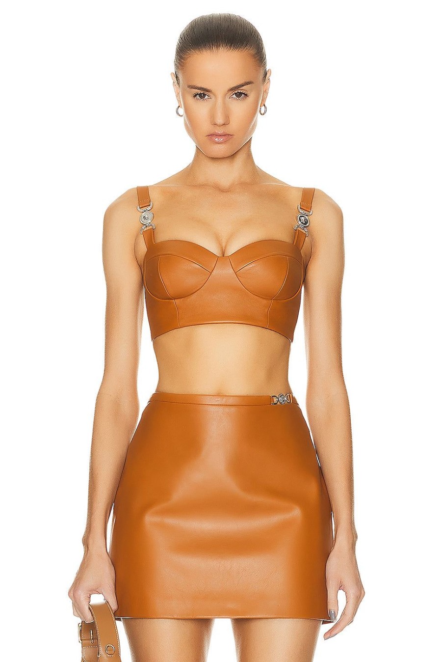 Women VERSACE Tops | Leather Bustier Top Caramel & Black