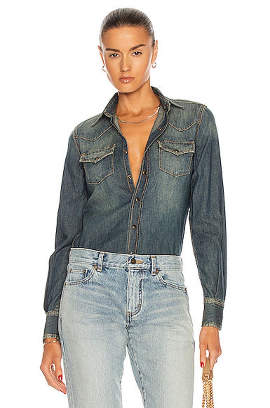 Women Saint Laurent Tops | Classic Western Shirt Deep Vintage Blue