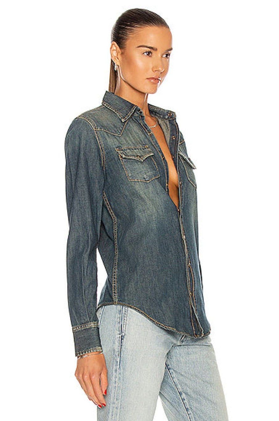 Women Saint Laurent Tops | Classic Western Shirt Deep Vintage Blue