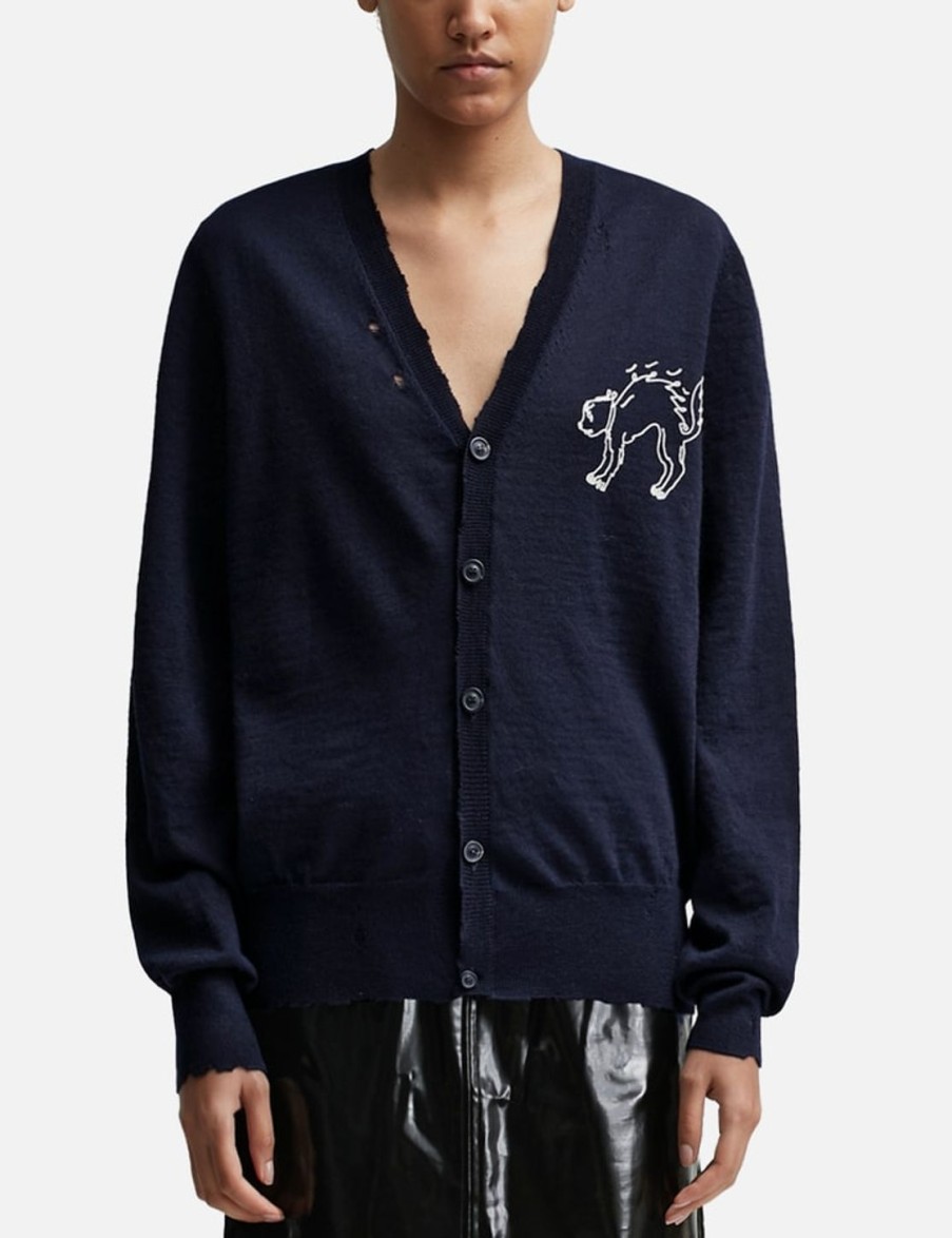 Women Maison Margiela Sweaters & Knits | Embroidered Wool Cardigan Blue