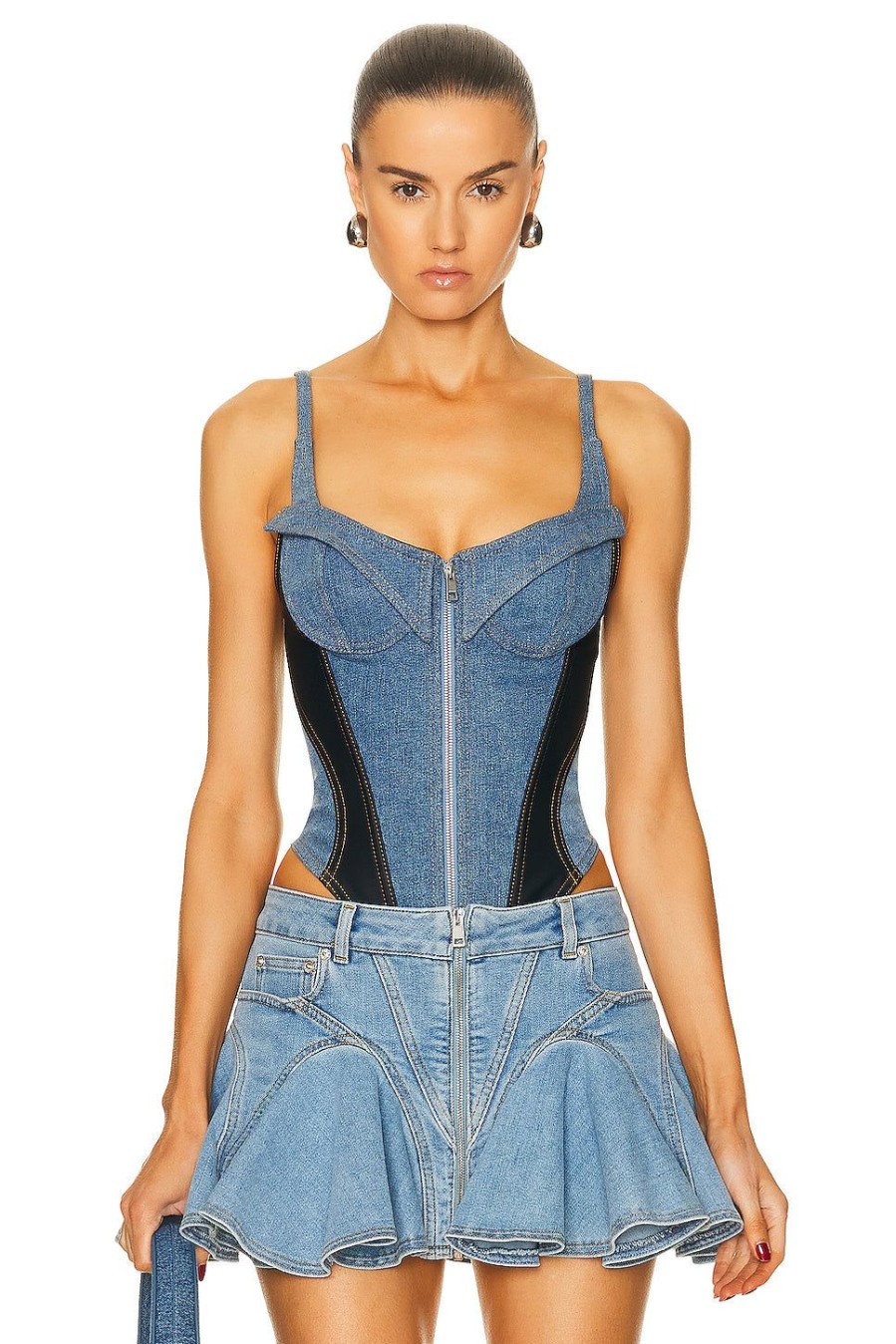 Women Mugler Tops | Tank Top Bodysuit Medium Blue & Black