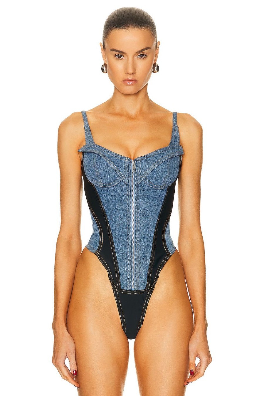 Women Mugler Tops | Tank Top Bodysuit Medium Blue & Black