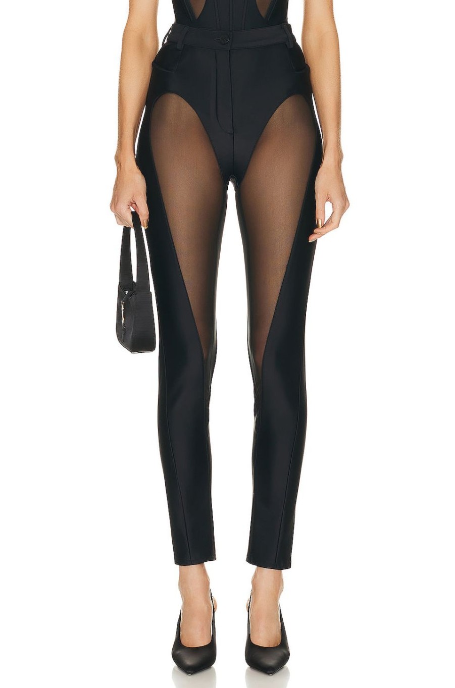 Women Mugler Pants | Tulle Stretch Legging Black & Black