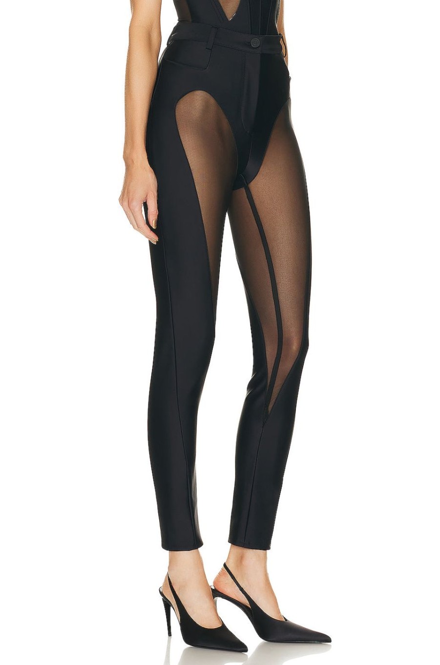 Women Mugler Pants | Tulle Stretch Legging Black & Black