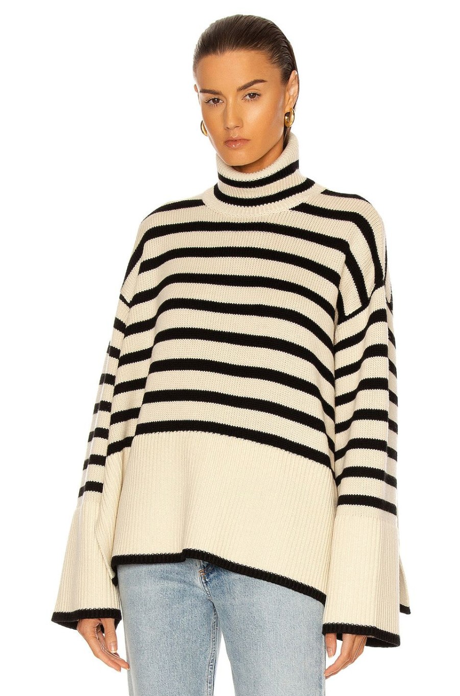 Women Toteme Sweaters & Knits | Signature Stripe Turtleneck Sweater Light Sand Stripe