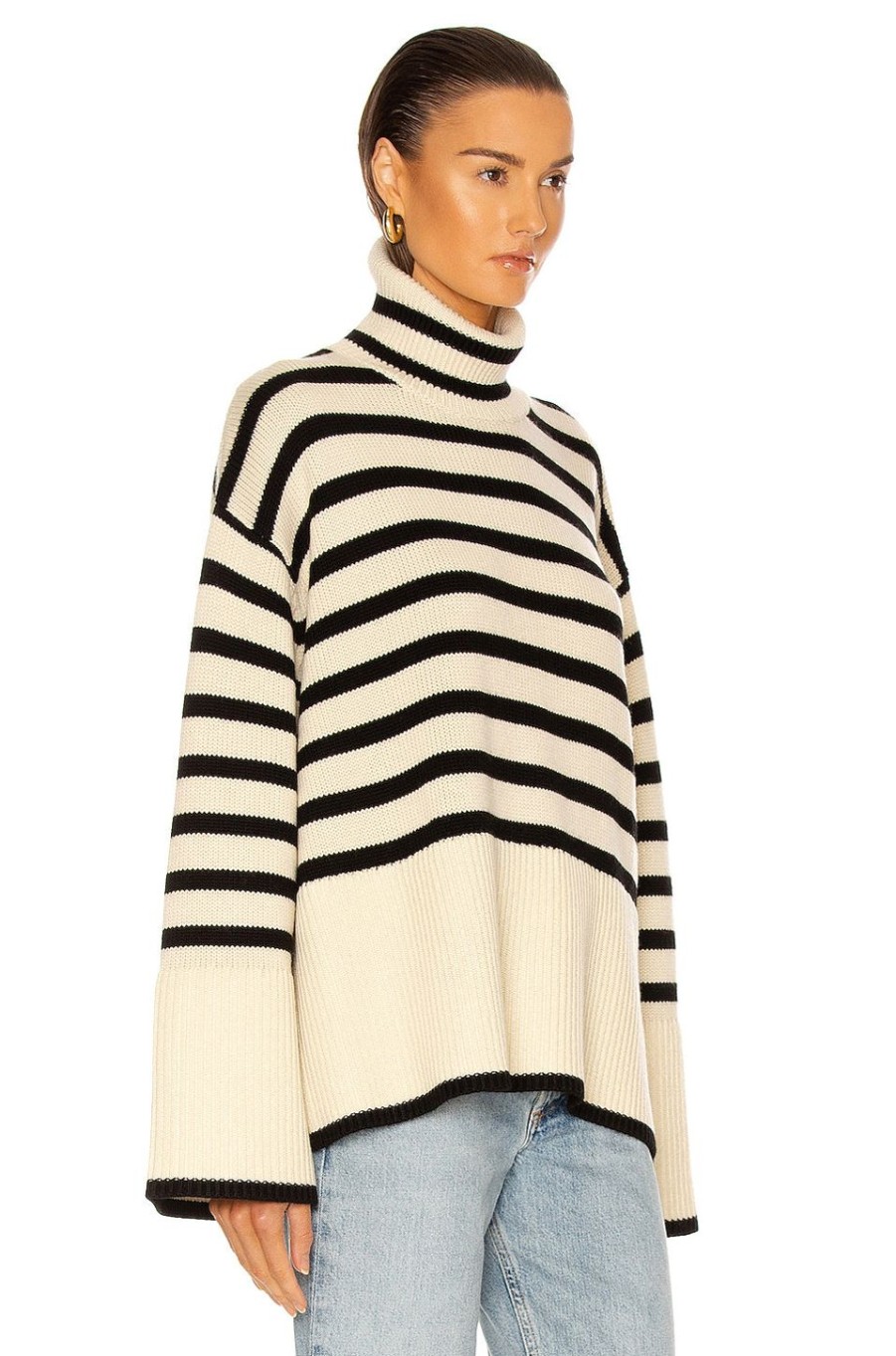 Women Toteme Sweaters & Knits | Signature Stripe Turtleneck Sweater Light Sand Stripe