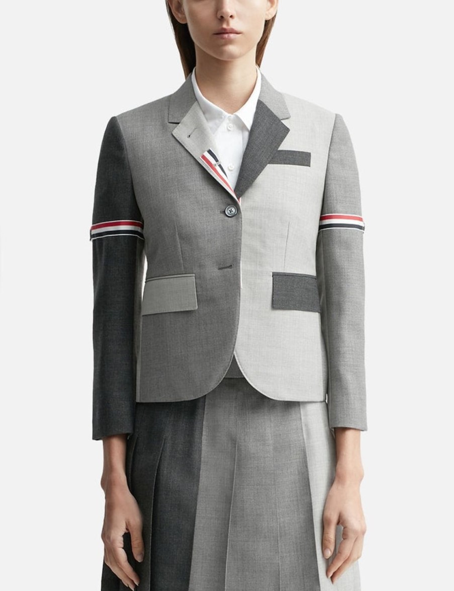 Women Thom Browne Jackets & Coats | Fun-Mix Wool 2 Ply Fresco High Armhole Jacket Grey