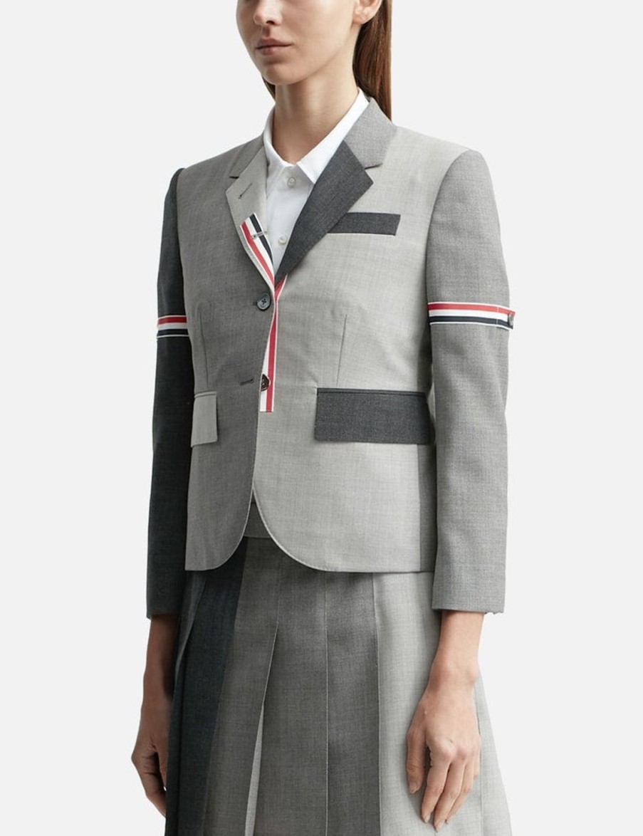 Women Thom Browne Jackets & Coats | Fun-Mix Wool 2 Ply Fresco High Armhole Jacket Grey