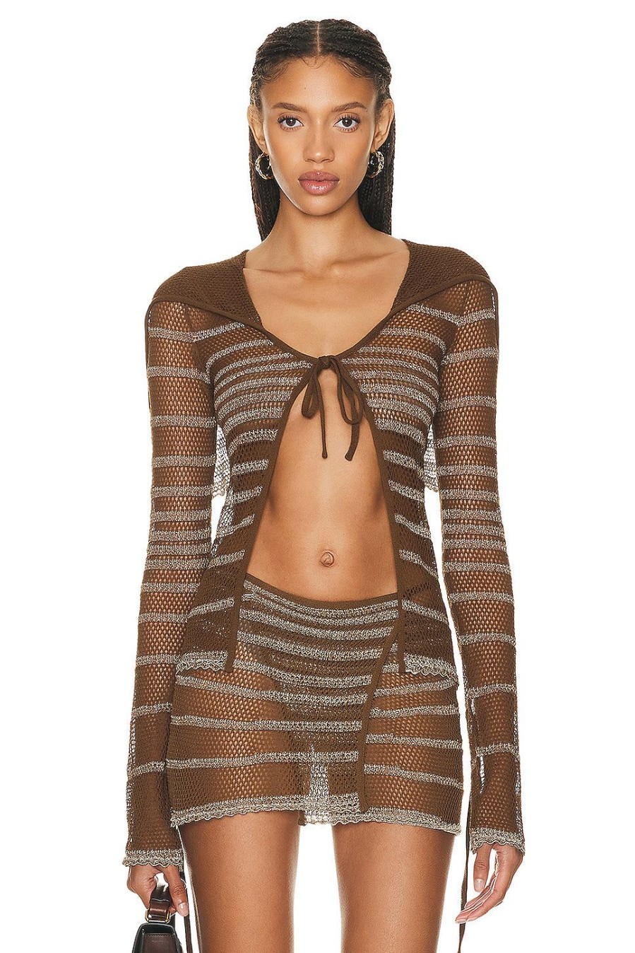 Women Jean Paul Gaultier Sweaters & Knits | X Knwls Mariniere Pointelle Long Sleeve Cardigan Brown & Ecru