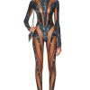 Women Mugler Jumpsuits & Rompers | Long Sleeve Jumpsuit Warped Snake Black & Nude 02