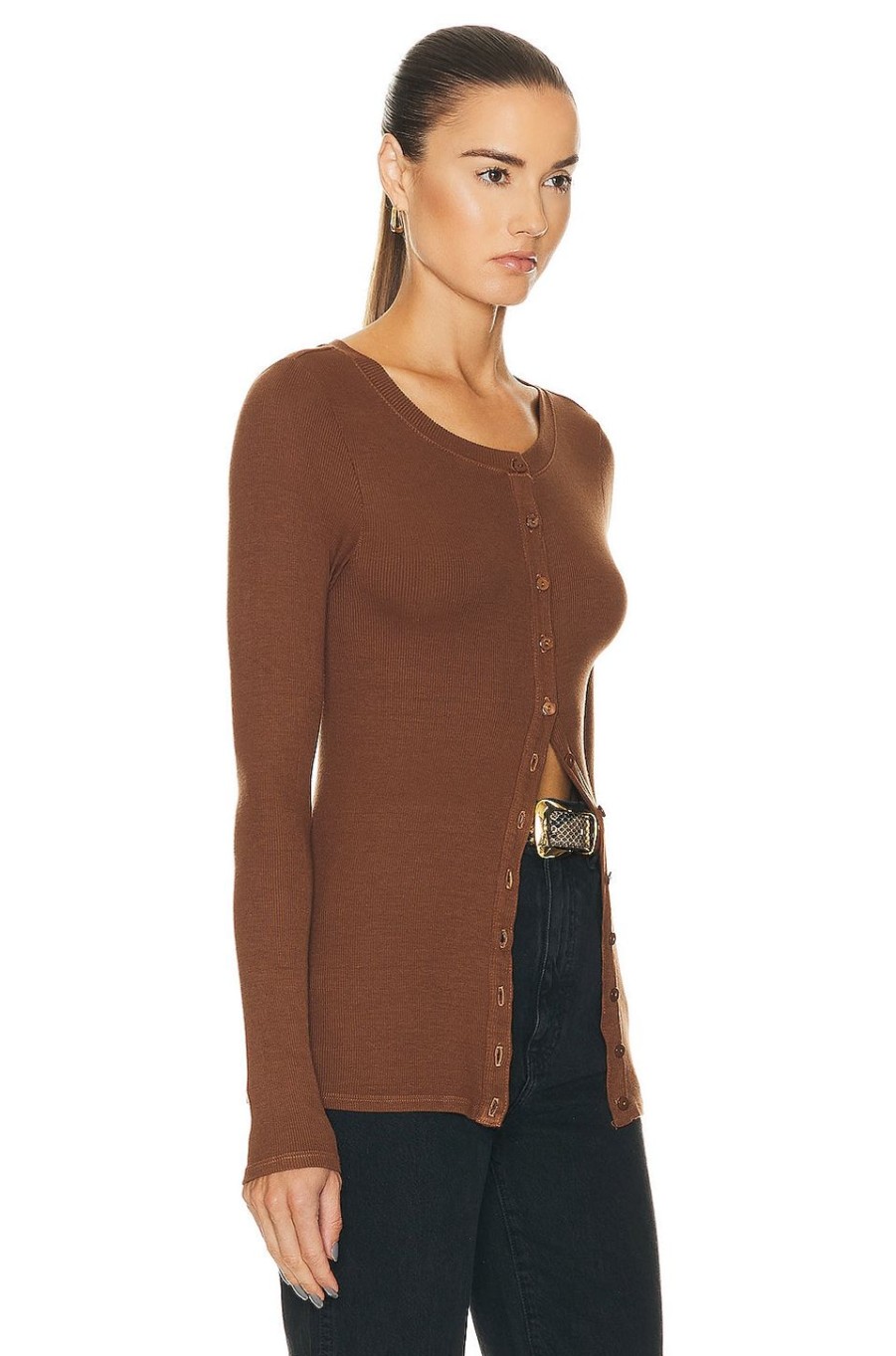 Women Enza Costa Sweaters & Knits | Silk Rib Fitted Long Sleeve Cardigan Dark Whole Grain